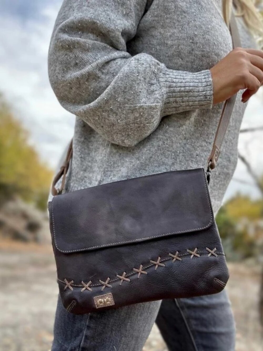 Bed Stu Cleo Crossbody Leather Bag Icicle Brown Gray Bohemian Western Rustic